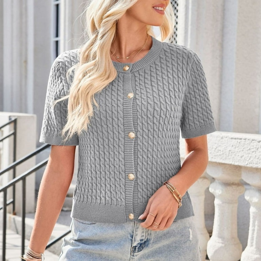 Women's Short Sleeve Button Up Cardigan Crewneck Lightweight Knit Sweater Sz: XL